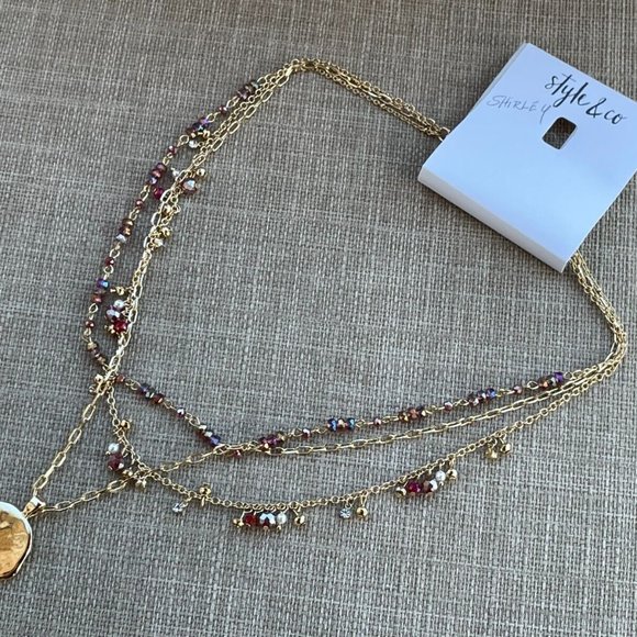 Style & Co. Necklaces Gold plated Multi Rows Faceted Beads Hammered Coin Pendant - Picture 3 of 12